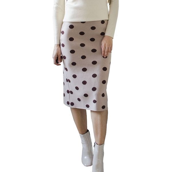 Automne Hiver Dames Élastique Sexy Femmes Jupes Chaud Doux Moulante Tricoté Jupe Droite Femmes Polka Dot Midi Crayon Jupe Femme 210416