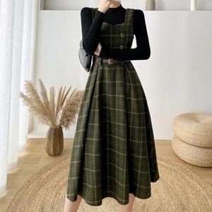 Autumn Winter Lady Fashion overalls 2 -delige set Dres Turtleneck gebreide trui Top Plaid Tweed Slim Big Swing Dress 240426