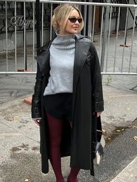 Automne hiver Long noir en cuir Pu Trench manteau femmes revers ceinture poches lâches vestes décontracté mode surdimensionné dame pardessus 240109