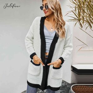 Autumn Winter Long Cardigan White Long Sleeve Patchwork gebreide Tops Jacket Coat Sweaters For Women Fall Clothing Fashion 210415