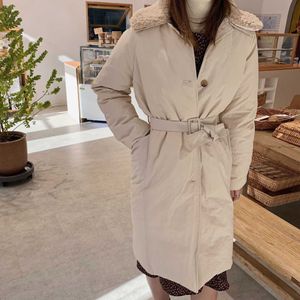 Automne hiver longs manteaux femmes coréen lâche col en fourrure d'agneau simple boutonnage épais doudoune femme avec ceinture 210607