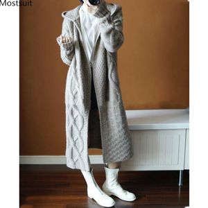 Cárdigan con capucha de punto grueso suelto largo de otoño invierno para mujer suéter de manga larga entrecruzado Tops cárdigans coreanos para mujer 210514