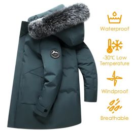 Otoño Invierno largo hombres chaqueta a prueba de viento abrigos para hombre cálido pato blanco abajo chaqueta con capucha Parkas abrigo con múltiples bolsillos