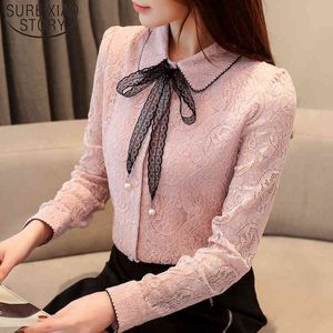 Herfst Winter Lange Mouw Kant Dames Shirts Print Boog Hollow Blouses Sexy Elegant Office Lady Tops 6958 50 210510