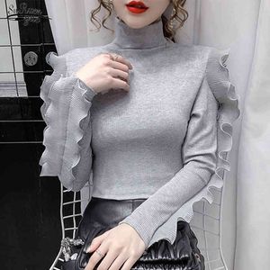 Automne Hiver Manches Longues Dames Tops Coton Tricoté Blouses Blanches Femmes Casual Col Roulé Volants Chemises Vintage 12063 210508