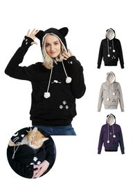 Herfst Winter Lange mouwen Warme Fleece Dames Hoodies met Hoeden - Grote zak voor huisdier Kat Hond Sweatshirt Pullover Tops Unisex