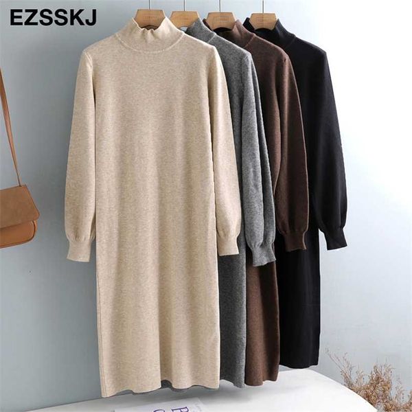 Automne hiver long pull épais Dres Turtleneck Lantern Sleeve Straight Cashmere Maix Robe Feme Feme Girl Warm Robe 211221