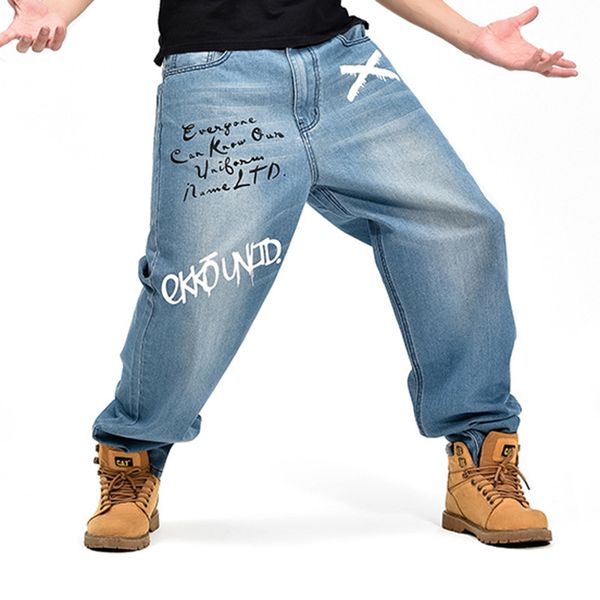 Otoño invierno sueltos grandes hombres de gran tamaño hip hop bailarín parkour baggy jeans calle moda azul pantalones de mezclilla masculino streetwear 210518