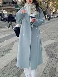 Herfst Winter Losse Wollen Jas voor Vrouwen Casual Effen Bovenkleding met Gordel Koreaanse Fashion Chic Vrouwelijke Overjas Kleding 231228