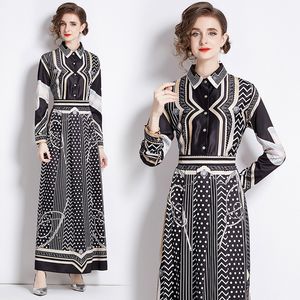 Herfst Winter Maxi Zwarte Jurk voor Dames Designer Elegante Print Revers Slanke Shirt Jurken 2023 Lange Mouw Vakantie Fit en Flare Party Ruches Jurken vestidos Gewaad