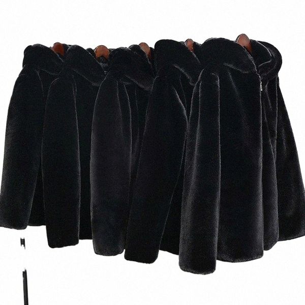 Automne Hiver Hommes Fausse Fourrure Manteau Noir Fausse Fourrure De Fourrure De Vison Veste Oversize Hommes En Peluche Fluffy À Capuche Coupe-Vent Zip Up Top Pardessus 79oO #