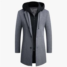 Automne Hiver Hommes À Capuche Laine Veste Automne Hommes Long Coupe-Vent Laine Manteau Casual Épais Mince Veste Mâle Taille M5Xl 4 Couleurs 220822