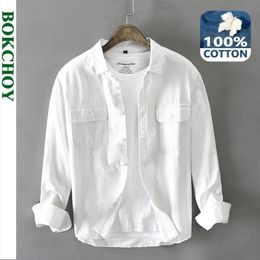 Automne hiver hommes blanc à manches longues chemise pur coton Style rétro boutonné poche vêtements de travail GAZ102 240111