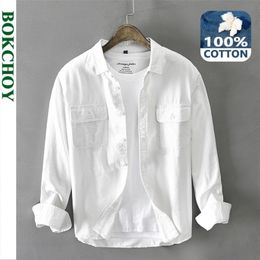 Automne hiver hommes hommes blanc chemise à manches longues pur coton style rétro boutonné poche blanc vêtements de travail GAZ102 220726