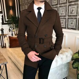 Otoño Invierno Hombres Abrigo de lana de doble botonadura Cinturón de solapa masculino de alta calidad Gabardina gruesa sólida Tendencia Causal Prendas de abrigo 231228