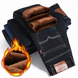 Otoño Invierno Pantalones vaqueros cálidos de lana para hombres Pantalones largos de negocios de moda Pantalones de mezclilla clásicos retro Pantalones vaqueros delgados elásticos ocasionales Durables 240126