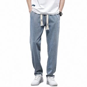 Herfst Winter Heren Jeans Cott Zachte Trekkoord Rechte Broek Elastische Taille Vintage Korea Casual Broek Mannelijke Plus Size S-5XL O3OZ #
