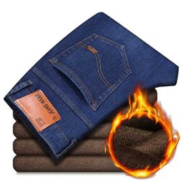 Otoño Invierno para hombre Plus Fleece Warm Jeans Business Casual Loose Straight Stretch Denim Pantalones Marca Male Fit Pants 211103