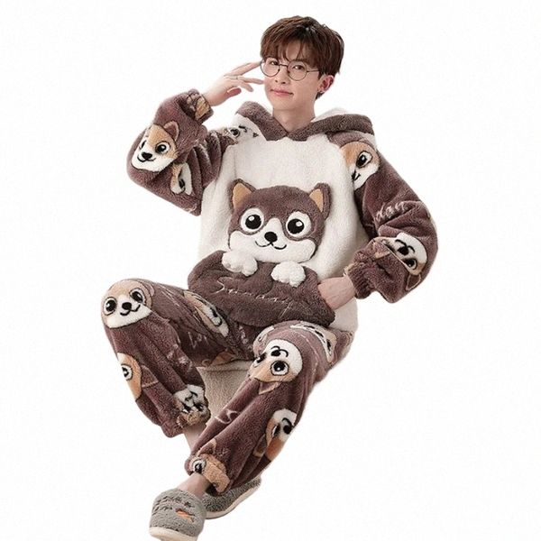 Automne hiver hommes en peluche Carto pyjamas à capuche ensemble mignon épaissi chaud corail Veet maison vêtements surdimensionnés Anime vêtements de nuit i96i #