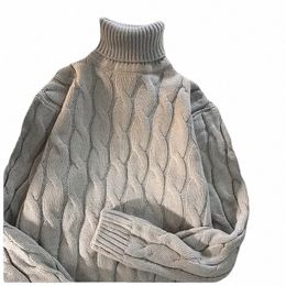 Automne hiver hommes épais pull épais couleur unie col roulé col Lg manches chaud basique classique pull en tricot P9iD #