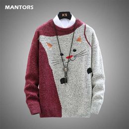 Automne hiver hommes pulls minces mignon chat motif broderie tricots hommes pull décontracté épais chaud pulls hommes vêtements 220108