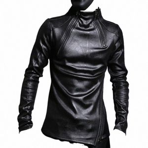 Automne Hiver Hommes Col Montant Chaud Doublure Polaire Pull Gothique Slim Fit Punk Manteau Noir Moto Veste En Cuir PU C3w6 #