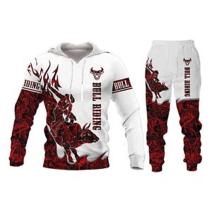 Herfst winter mannen dames lange mouw stierrijden geprinte hoodies casual broek 2pc sets heren tracksuit cool heren kledingpak g1217