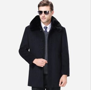 Automne hiver hommes laine épais pardessus bleu gris velours laine Trench manteau longue Section simple boutonnage vêtements avec col de fourrure