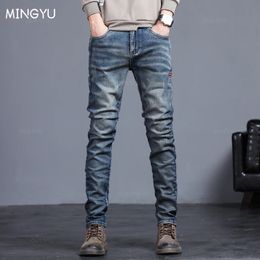 Herfst Winter Heren Jeans Vintage Blauw Effen Kleur Elastische Klassieke Mannen Slanke Mode Denim Broek Mannelijke 2738 240102