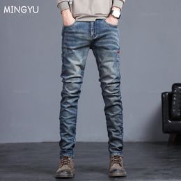 Herbst Winter Herren Jeans Vintage Blau Einfarbig Elastische Klassische Männer Slim Mode Denim Hosen Männlichen 2738 240102