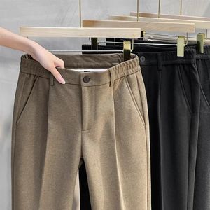 Herfst Winter Heren Wollen Pak Broek Formeel Zakelijk Kantoor Slanke Rechte Elastische Taille Koreaanse Casual Taps toelopende Bruine Broek 240321