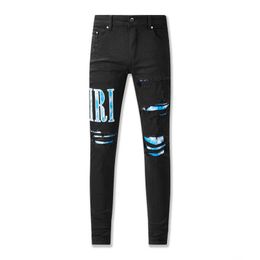 Automne / hiver New American High Street Black Perfoated Blue Camo Patch Jeans