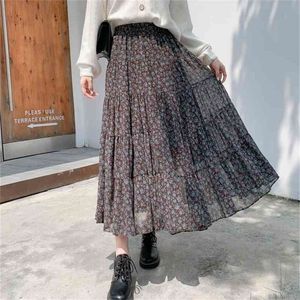 Herfst winter nieuwe aankomst vaste kleur bloemen rok a-lijn hoge taille rok chiffon mid-length rok 210331