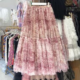 Automne hiver nouveau design Womens High Wayered Gauze Tissu imprimé floral Maxi Long Ball Robe Jupe plus taille SML
