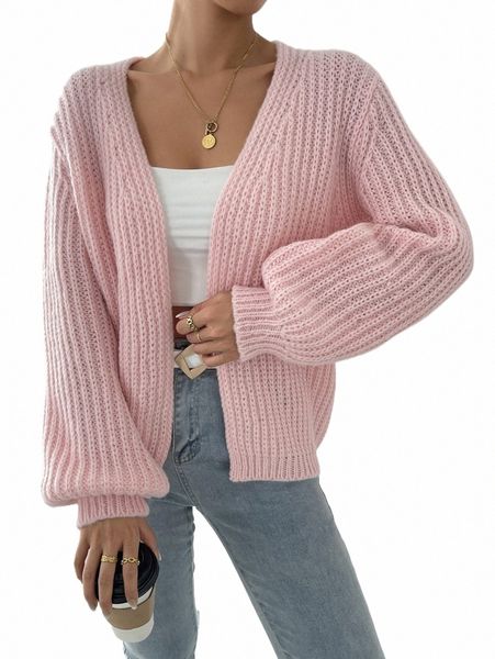 Otoño Invierno Nueva Fi Mujeres sueltas Cardigan de punto Hot Pink Linterna Manga Casual Outerwear Color Sólido Suéter Abrigo F2BI #