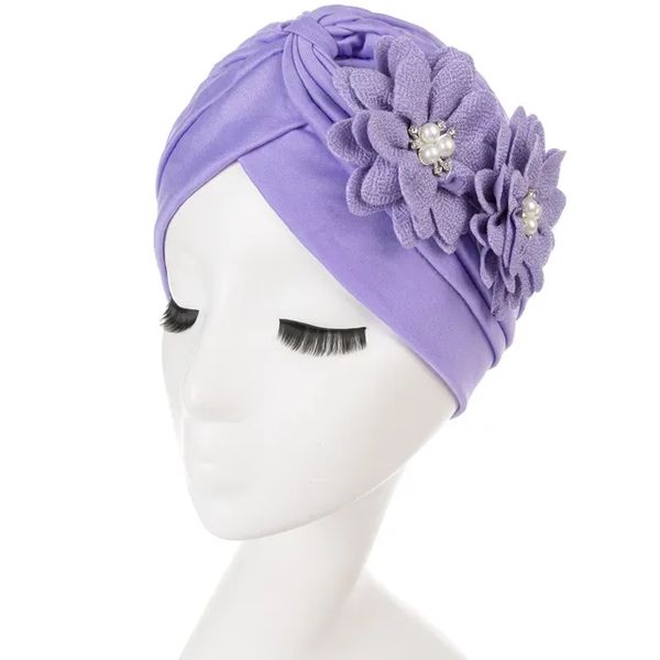 Otoño Invierno nueva diadema sombrero musulmán moda flor calcomanía plisada mujeres indio capó con perla Hijab gorras