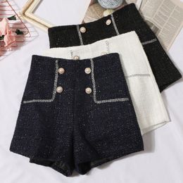 Herfst Winter nieuwe koreaanse mode vrouwen hoge taille tweed wollen verdikking double breasted lurex patchwork glanzend bling shorts