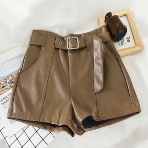 Otoño Invierno nueva moda coreana mujer cintura alta con cinturón PU cuero pierna ancha boot cut shorts talla grande S M L