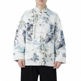 Automne Hiver Nouveaux vêtements pour hommes Encre traditionnelle chinoise Bambou Impression numérique Butt Col debout Rétro Tang Costume Manteau Veste 29bX #
