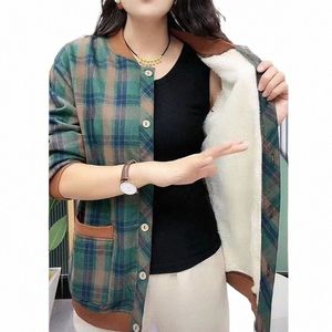 Herfst Winter Nieuwe Plaid Fleece Losse Jassen Lg Mouw All-Match Plus Size Pocket Jassen Vintage Fi Vrouwen Kleding V3Eq #