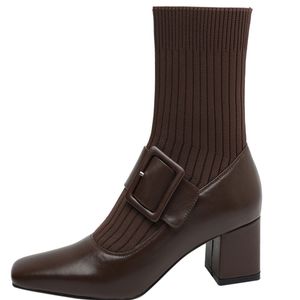 Automne hiver nouveau Style tricoté laine dames élégant Stretch bottes confortable mi-talon bout carré semelle épaisse mode chaussettes botte