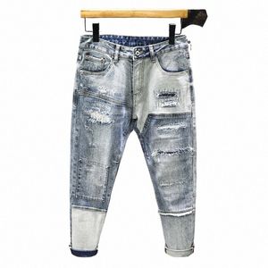 Herfst Winter Nieuwe Trend Mannen Rechte Slanke Jeans Gescheurd Gat Patch Vintage Distred Fi Splicing Denim Broek Streetwear l1Po #