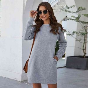 Herfst winter o nek lange mouw dames sweatshirt jurk nieuwe mode grijze solide los pocket dames mini jurk vestidos 210401