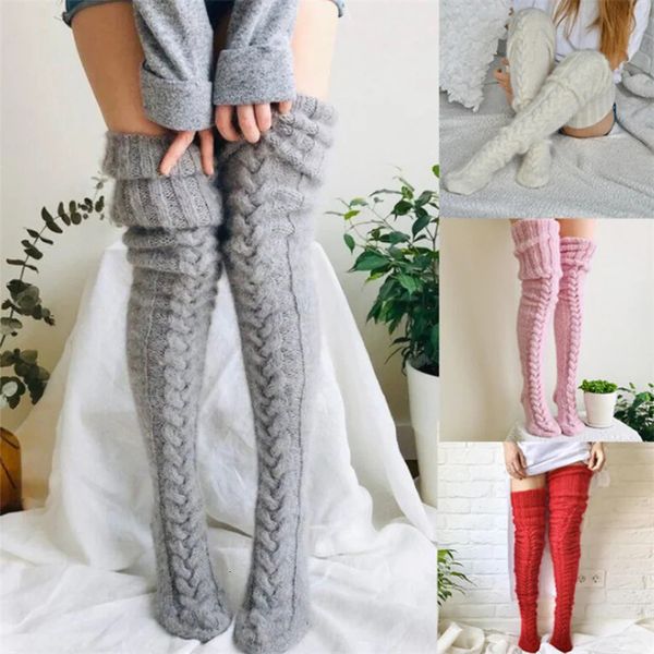 Automne hiver plus de 12 ans Leggings chaussettes jambières au-dessus du genou tricot laine épais longs bas pour grandes filles femmes 240129