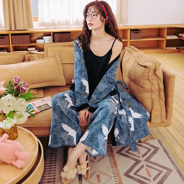 Automne Hiver Pyjama Ensembles pour Femmes Style Japonais Kimono Coton Pyjama Femme Plus La Taille Maison Loungewear Robes Animaux Vêtements De Nuit T200707