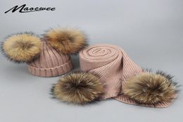 Autumn Winter Parentchild Fur Pompon Hat en Scarf Set Women Crochet Knitted Wool Beanies Caps Hoeden met natuurlijke bontpom POM Y1917786170