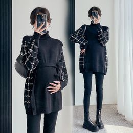 Autumn Winter Patchwork gebreide zwangerschapstruien groot formaat losse stropdassen taille shirt kleding voor zwangere vrouwen zwangerschap tops 240117