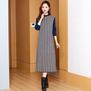 Automne hiver pull à carreaux robes longues 2023 femmes concepteur vacances col rond mince fête tricoté robe pull grande taille fine élégante douce chaude dame midi robes