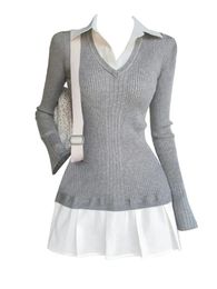 Autumn Winter Preppy Style Fausses deux pièces mini-chemises en tricot habiller les femmes Gyaru 2000