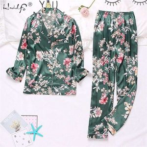 Herfst Winter Print Patroon Vrouwen Pyjama Set Satijnen Silk Turn-Down Collar Pyjama Nachtkleding Lange Mouw Broek Twee Papieren Suit 210928